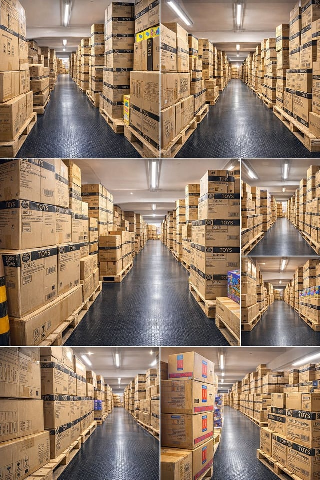 Composición de siete vistas verticales de pasillos con cajas apiladas